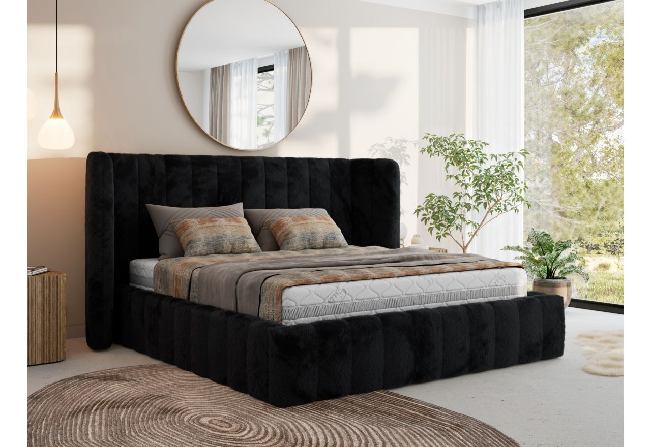 Łóżko tapicerowane GOLETTA CLASSIC 160x200 - materac multipocket - czarny, plusz