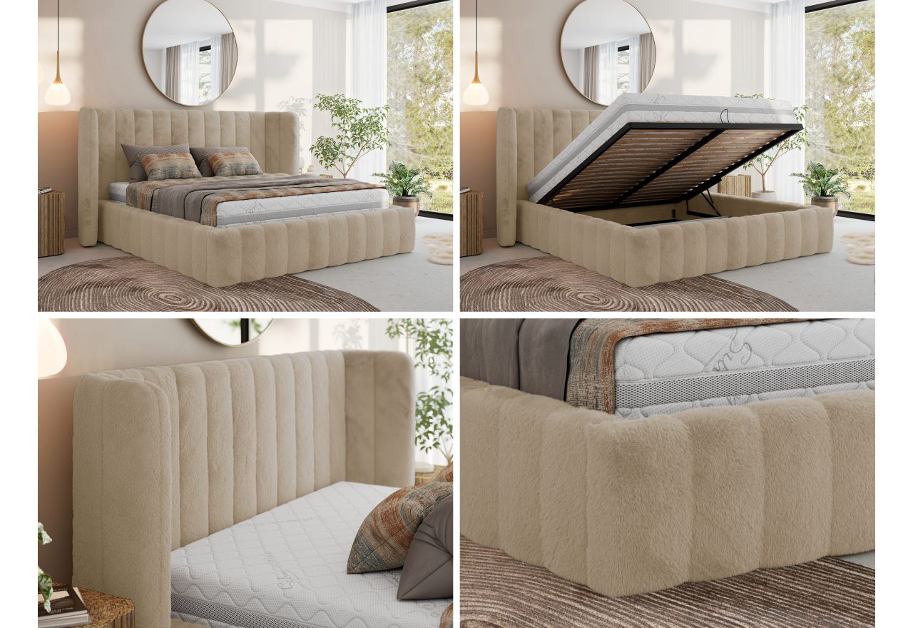 Łóżko tapicerowane GOLETTA CLASSIC 140x200 - materac pocket - kremowy, plusz