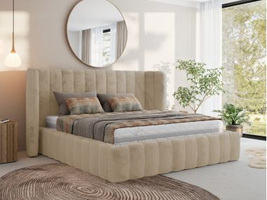 Łóżko tapicerowane GOLETTA CLASSIC 160x200 - materac pocket - kremowy, plusz