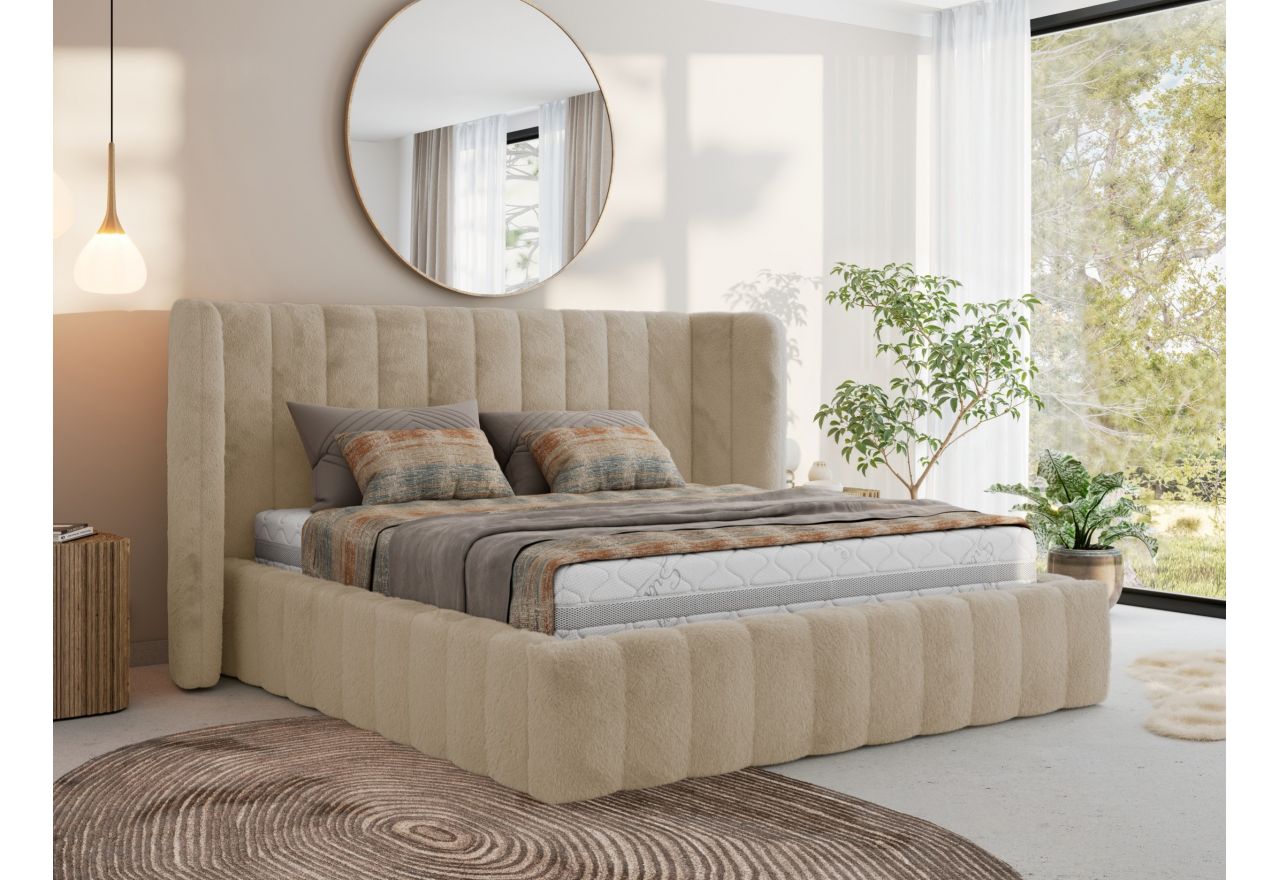 Łóżko tapicerowane GOLETTA CLASSIC 160x200 - materac pocket - kremowy, plusz