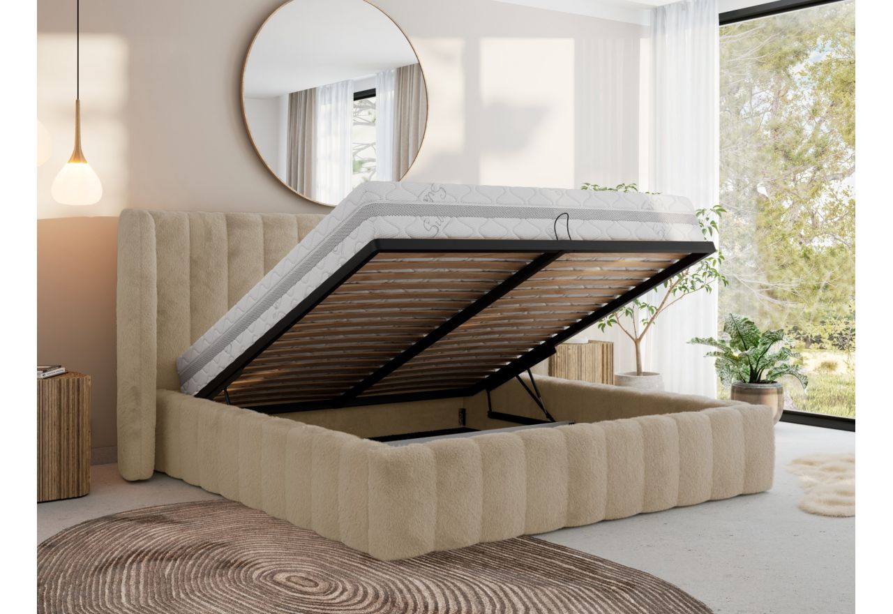 Łóżko tapicerowane GOLETTA CLASSIC 180x200 - materac multipocket - kremowy, plusz