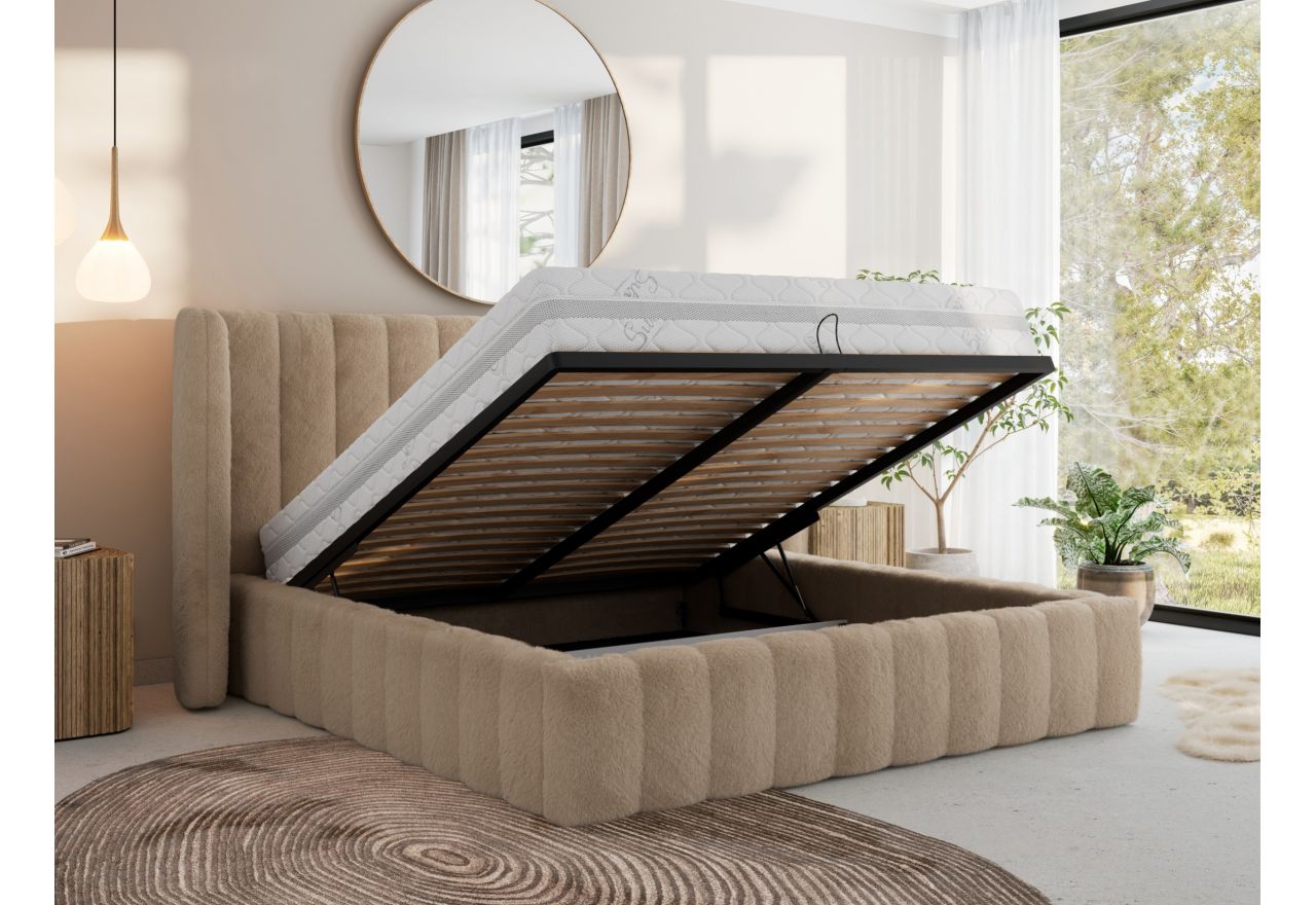 Łóżko tapicerowane GOLETTA CLASSIC 200x200 - materac piankowy - beżowy, plusz