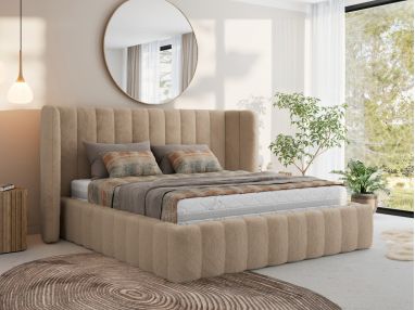 Łóżko tapicerowane GOLETTA CLASSIC 160x200 - materac pocket - beżowy, plusz