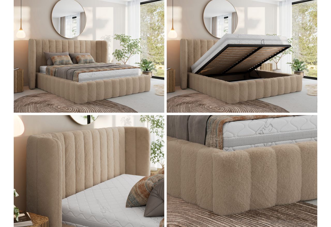 Łóżko tapicerowane GOLETTA CLASSIC 180x200 - materac pocket - beżowy, plusz