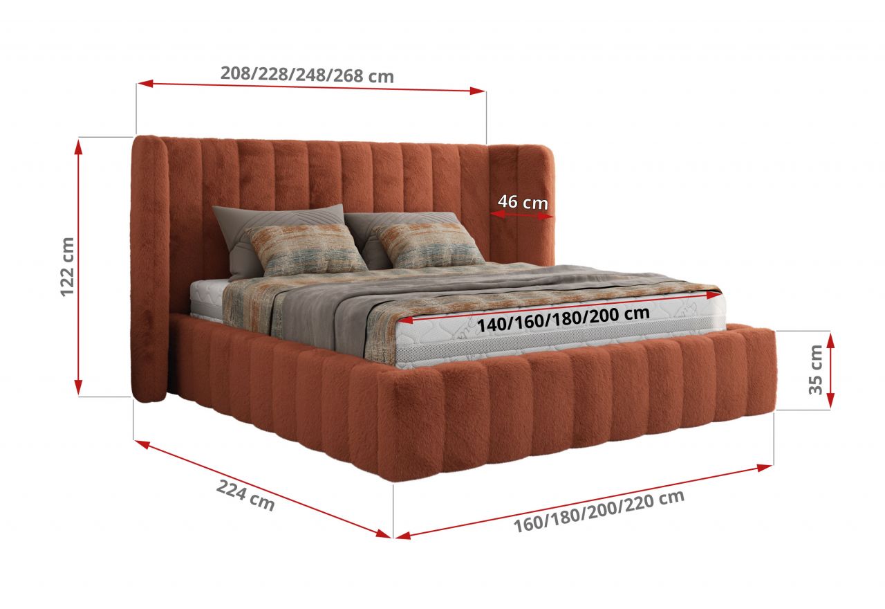 Łóżko tapicerowane GOLETTA CLASSIC 140x200 - materac pocket - pomarańczowy, plusz