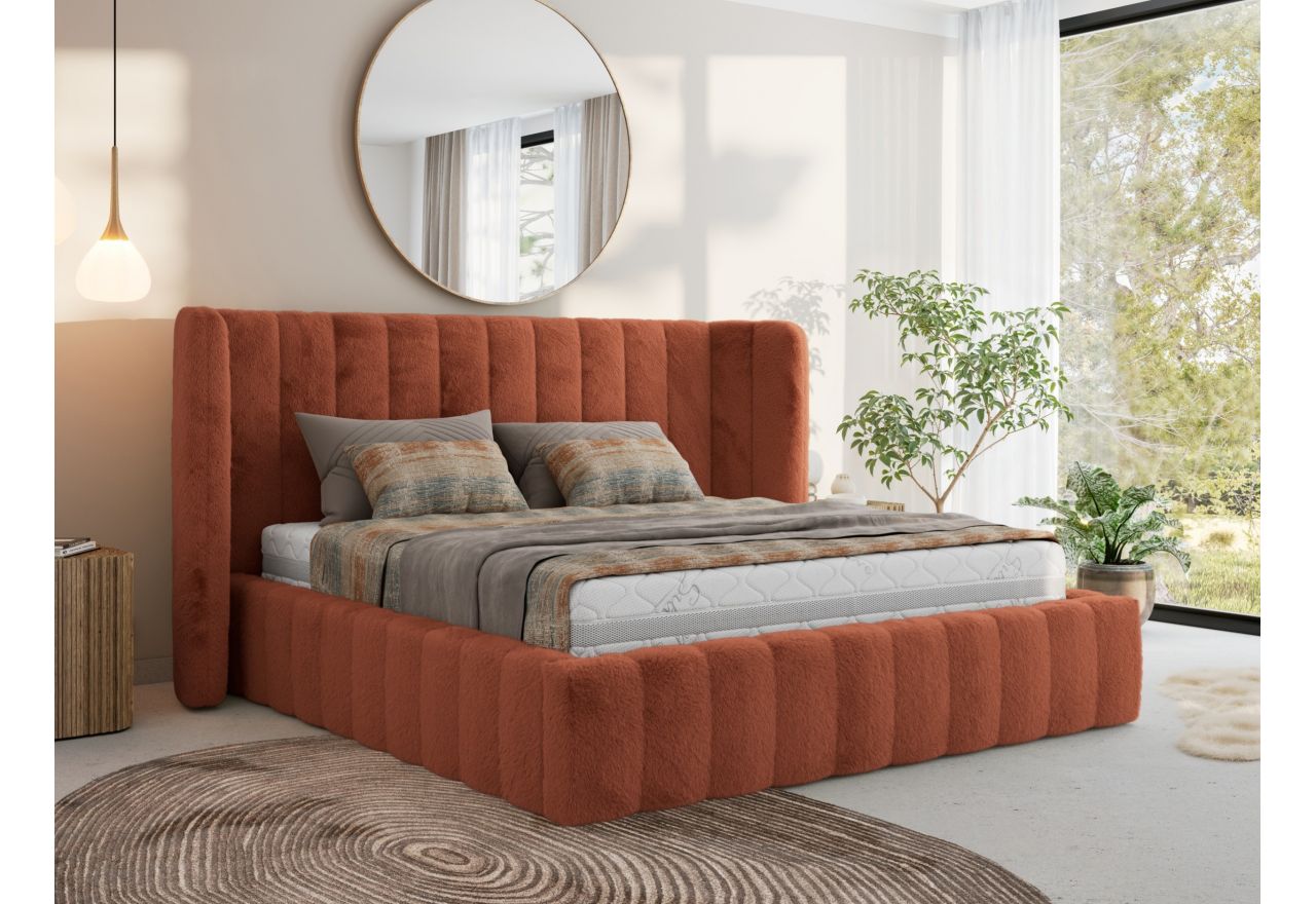 Łóżko tapicerowane GOLETTA CLASSIC 160x200 - materac pocket - pomarańczowy, plusz