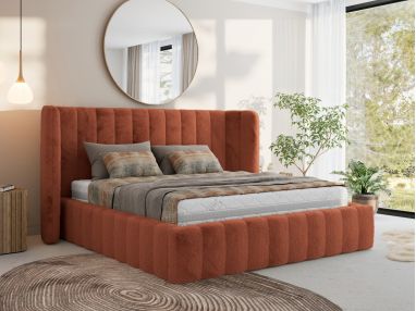 Łóżko tapicerowane GOLETTA CLASSIC 140x200 - materac multipocket - pomarańczowy, plusz
