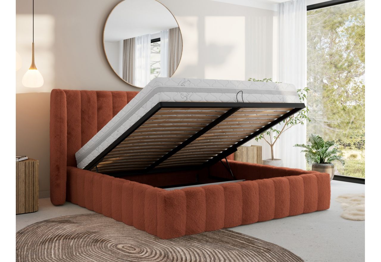 Łóżko tapicerowane GOLETTA CLASSIC 160x200 - materac multipocket - pomarańczowy, plusz