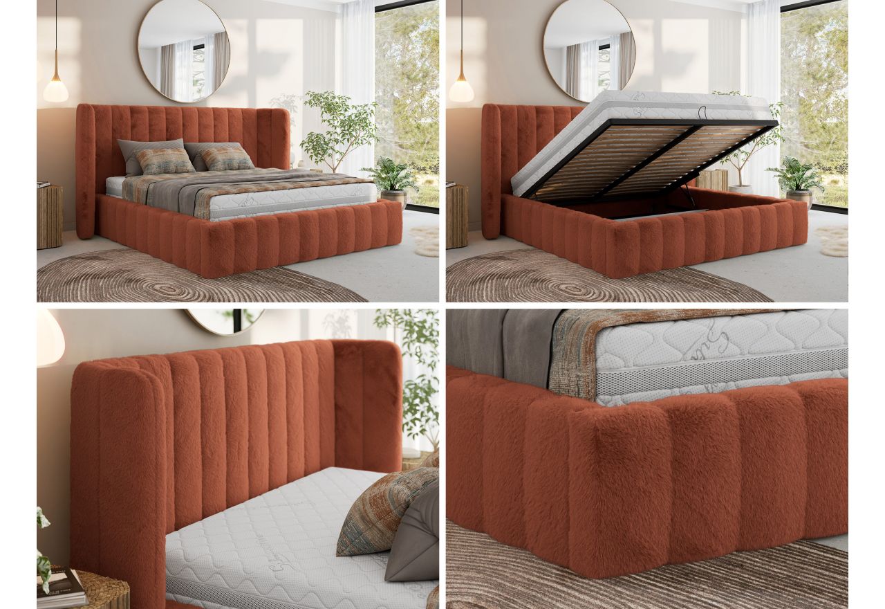 Łóżko tapicerowane GOLETTA CLASSIC 200x200 - materac multipocket - pomarańczowy, plusz