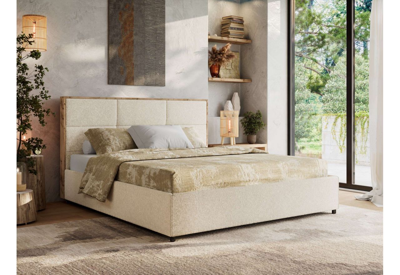 Łóżko tapicerowane LERIO CLASSIC 140x200 - materac pocket - kremowy, struktura