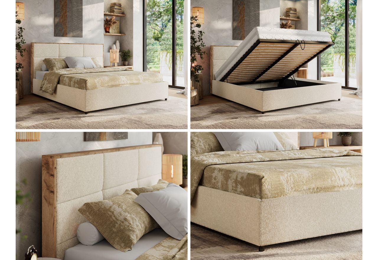 Łóżko tapicerowane LERIO CLASSIC 200x200 - materac pocket - kremowy, struktura