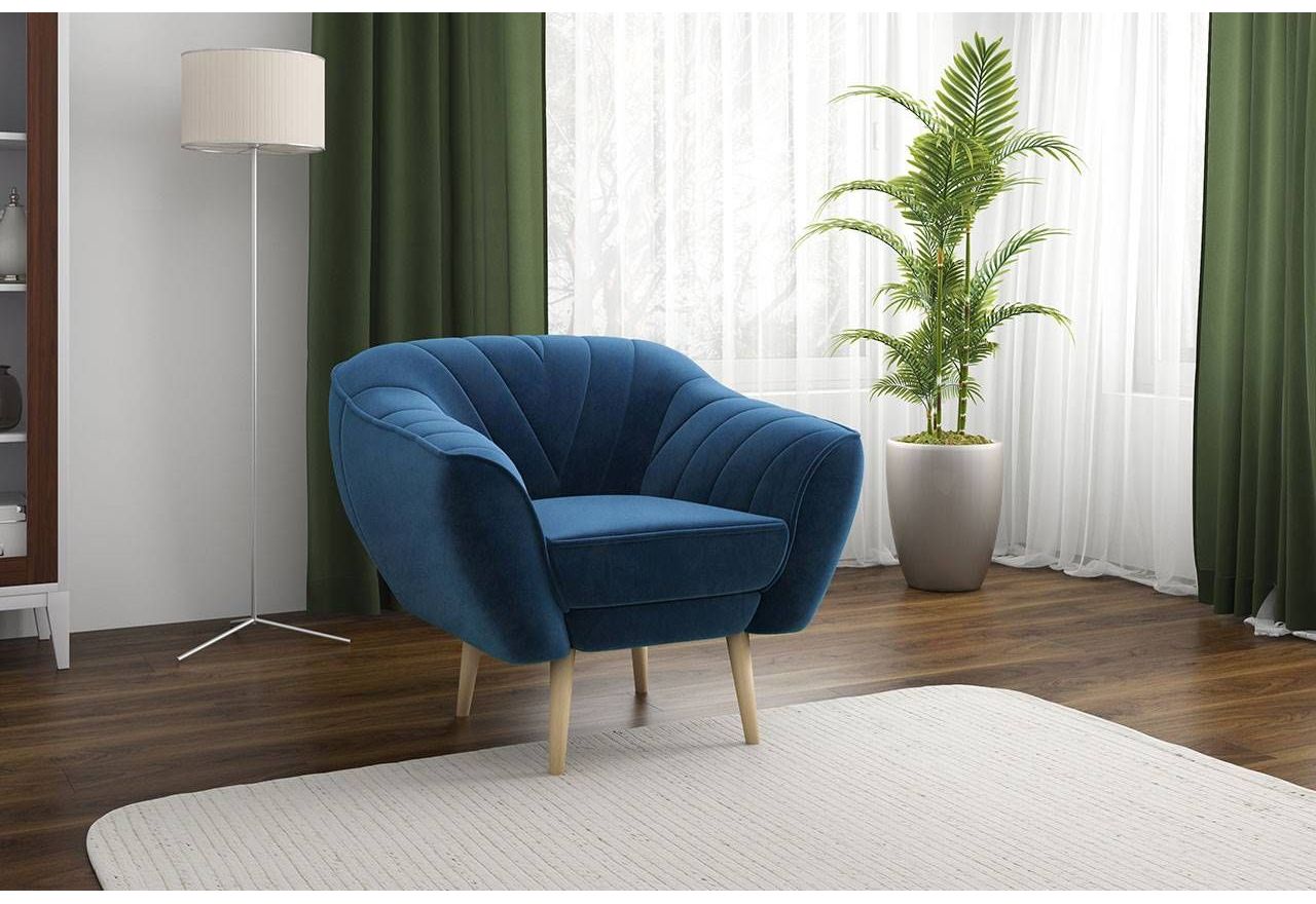 Modny fotel tapicerowany z przeszyciami w kształcie V na drewnianych nóżkach - MIA / Monolith 25099