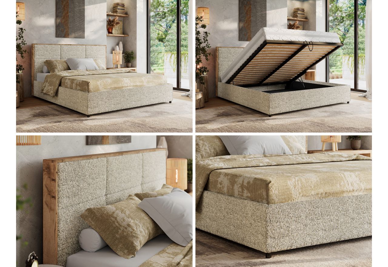 Łóżko tapicerowane LERIO CLASSIC 180x200 - materac pocket - beżowy, struktura