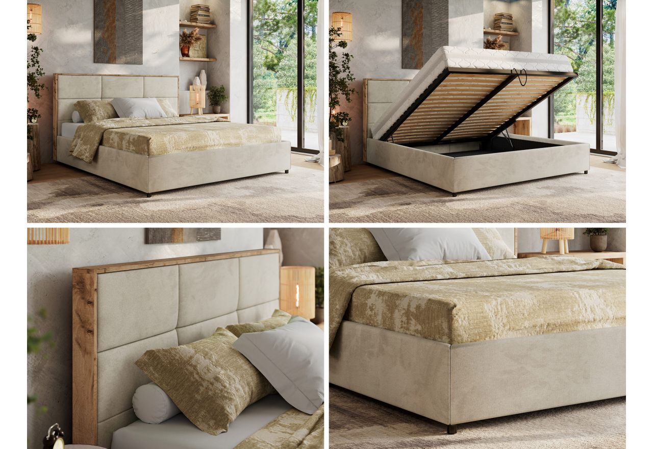Łóżko tapicerowane LERIO CLASSIC 200x200 - materac pocket - beżowy, welwet