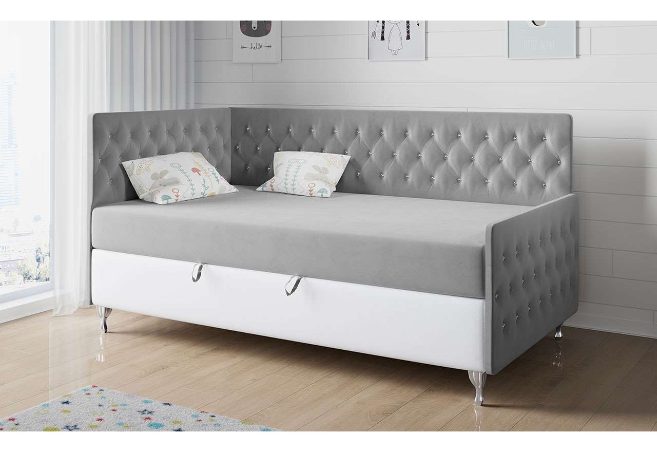 Designerskie kontynentalne łóżko pojedyncze z pojemnikiem na pościel do pokoju - FILIP 3 szary welwet z białą ecoskórą