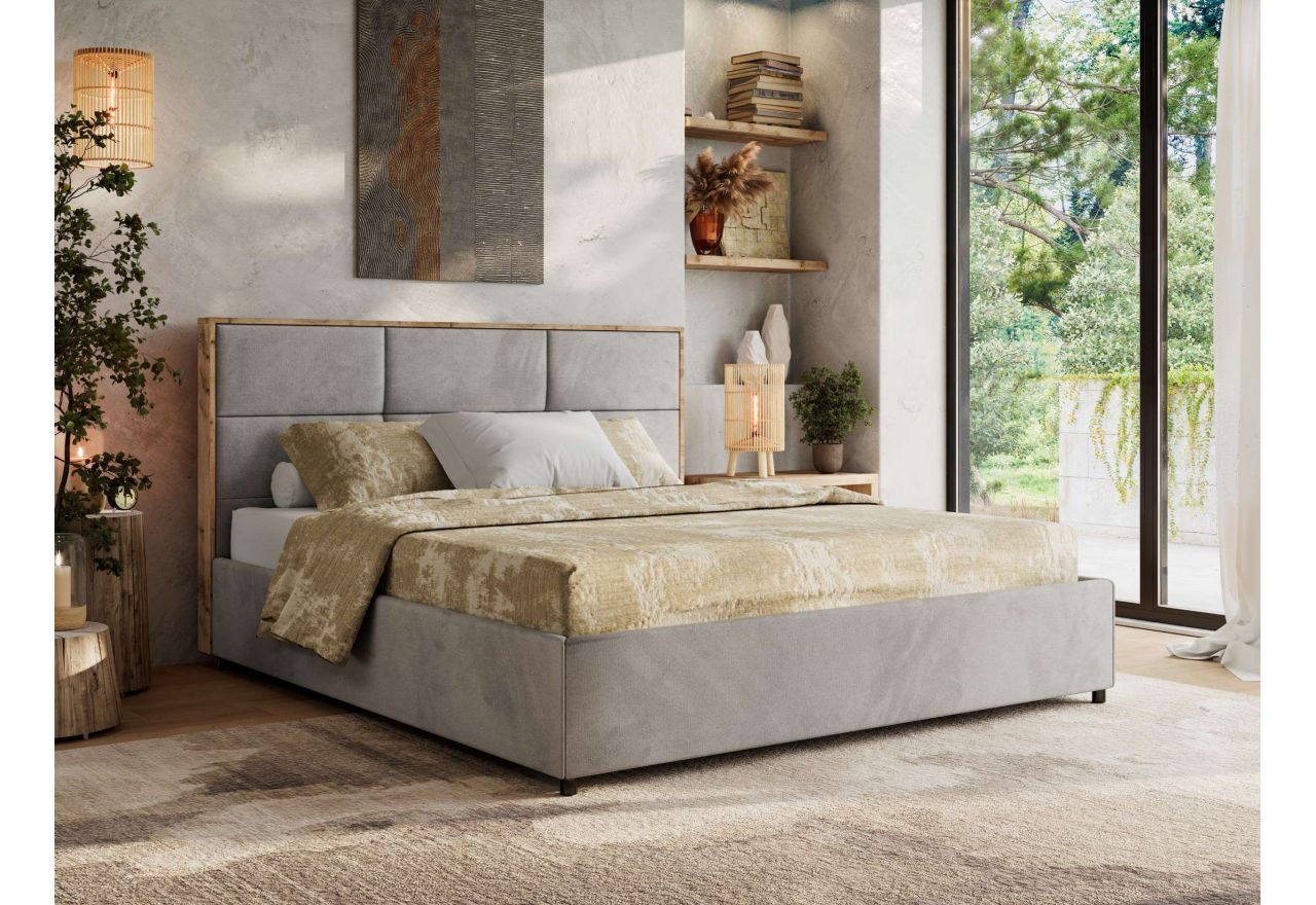 Łóżko tapicerowane LERIO CLASSIC 140x200 - materac pocket - jasnoszary, welwet