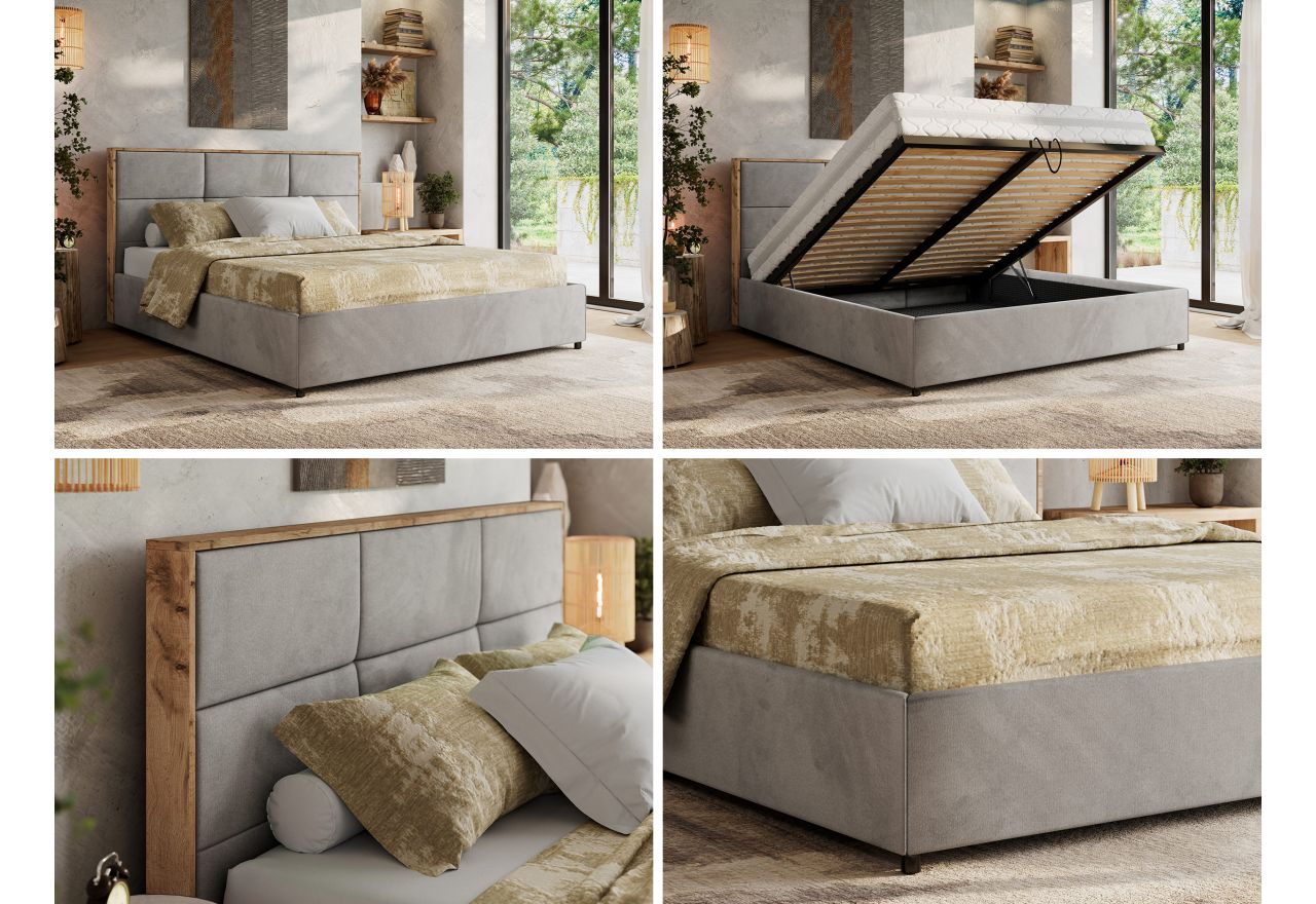 Łóżko tapicerowane LERIO CLASSIC 140x200 - materac pocket - jasnoszary, welwet