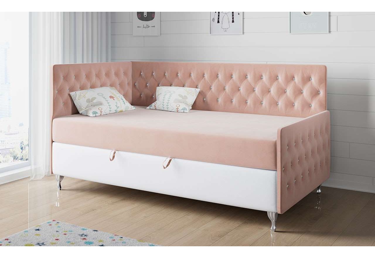 Stylowe pojedyncze kontynentalne łóżko z kryształkami do pokoju dziecka - FILIP 3 różowy welwet z białą ecoskórą