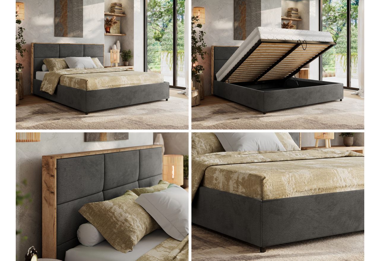 Łóżko tapicerowane LERIO CLASSIC 180x200 - materac pocket - ciemnoszary, welwet