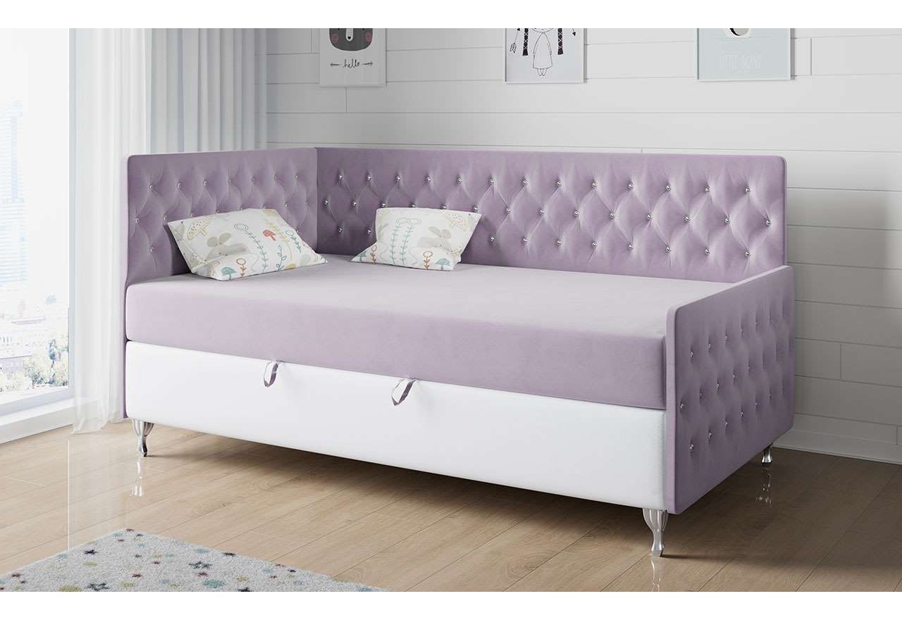 Ponadczasowe łóżko pojedyncze, tapicerowane w stylu glamour do pokoju - FILIP 3 wrzosowa tkanina welwetowa i biała ecoskóra