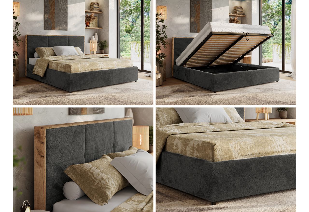 Łóżko tapicerowane LERIO CLASSIC 160x200 - materac piankowy - ciemnoszary, plusz
