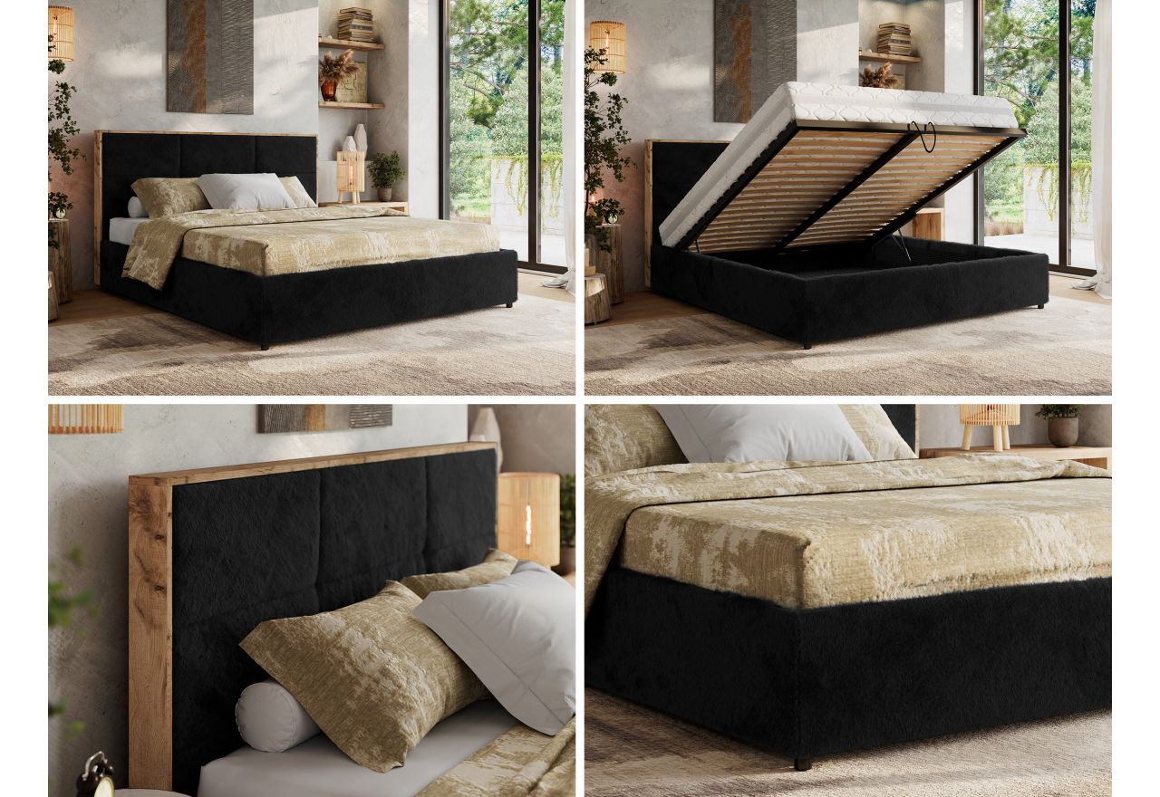Łóżko tapicerowane LERIO CLASSIC 140x200 - materac piankowy - czarny, plusz