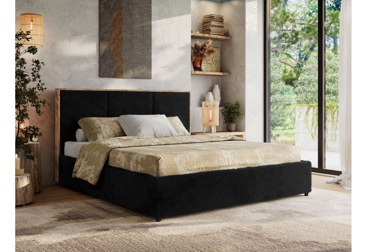 Łóżko tapicerowane LERIO CLASSIC 200x200 - materac pocket - czarny, plusz