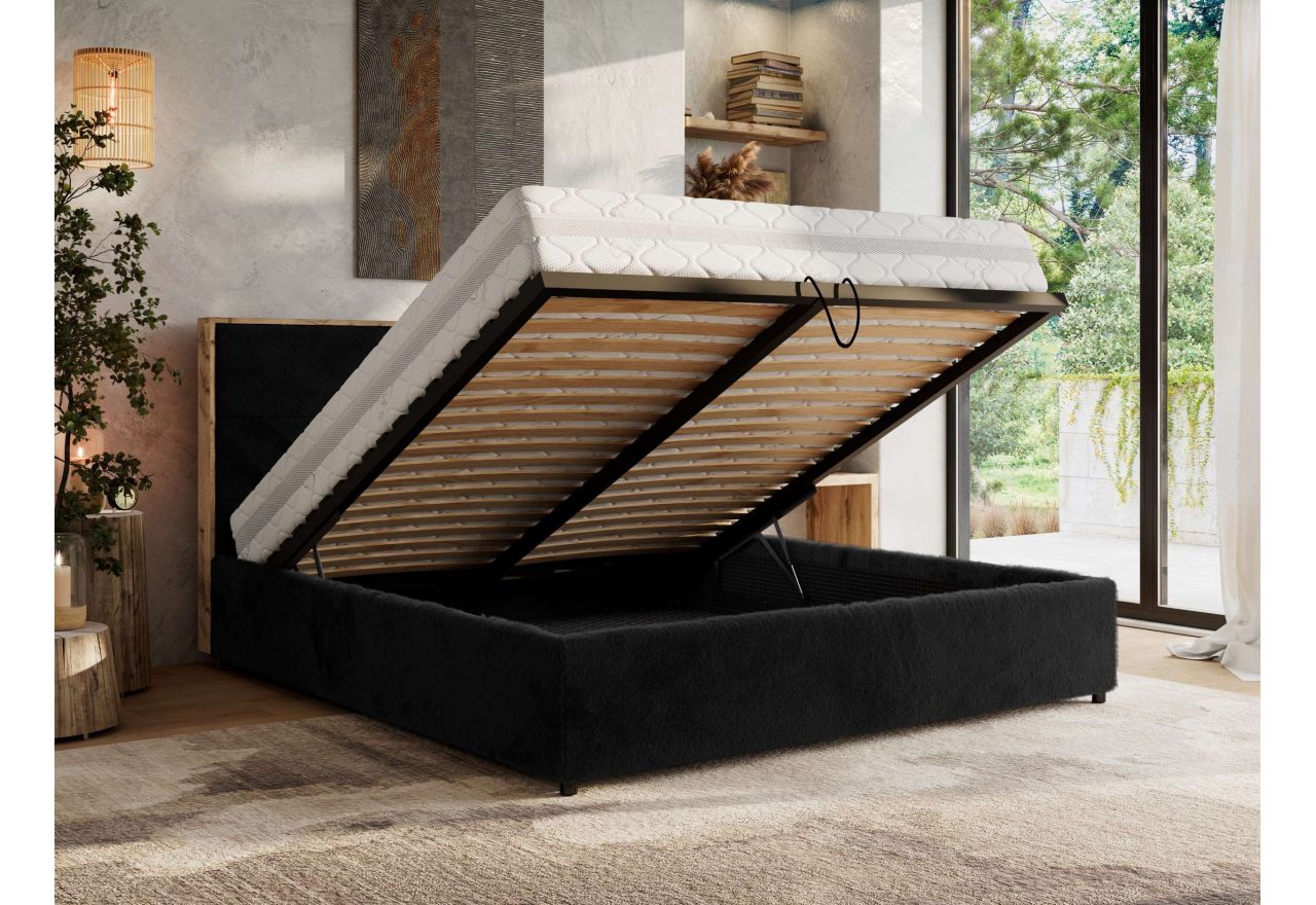 Łóżko tapicerowane LERIO CLASSIC 200x200 - materac pocket - czarny, plusz