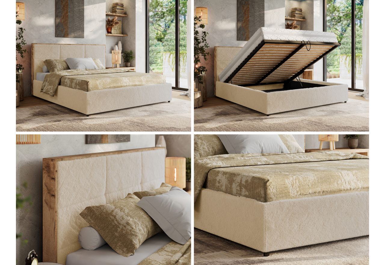 Łóżko tapicerowane LERIO CLASSIC 180x200 - materac pocket - kremowy, plusz