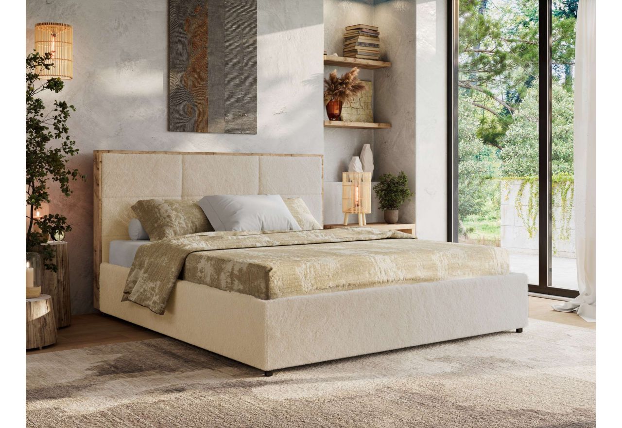 Łóżko tapicerowane LERIO CLASSIC 160x200 - materac multipocket - kremowy, plusz