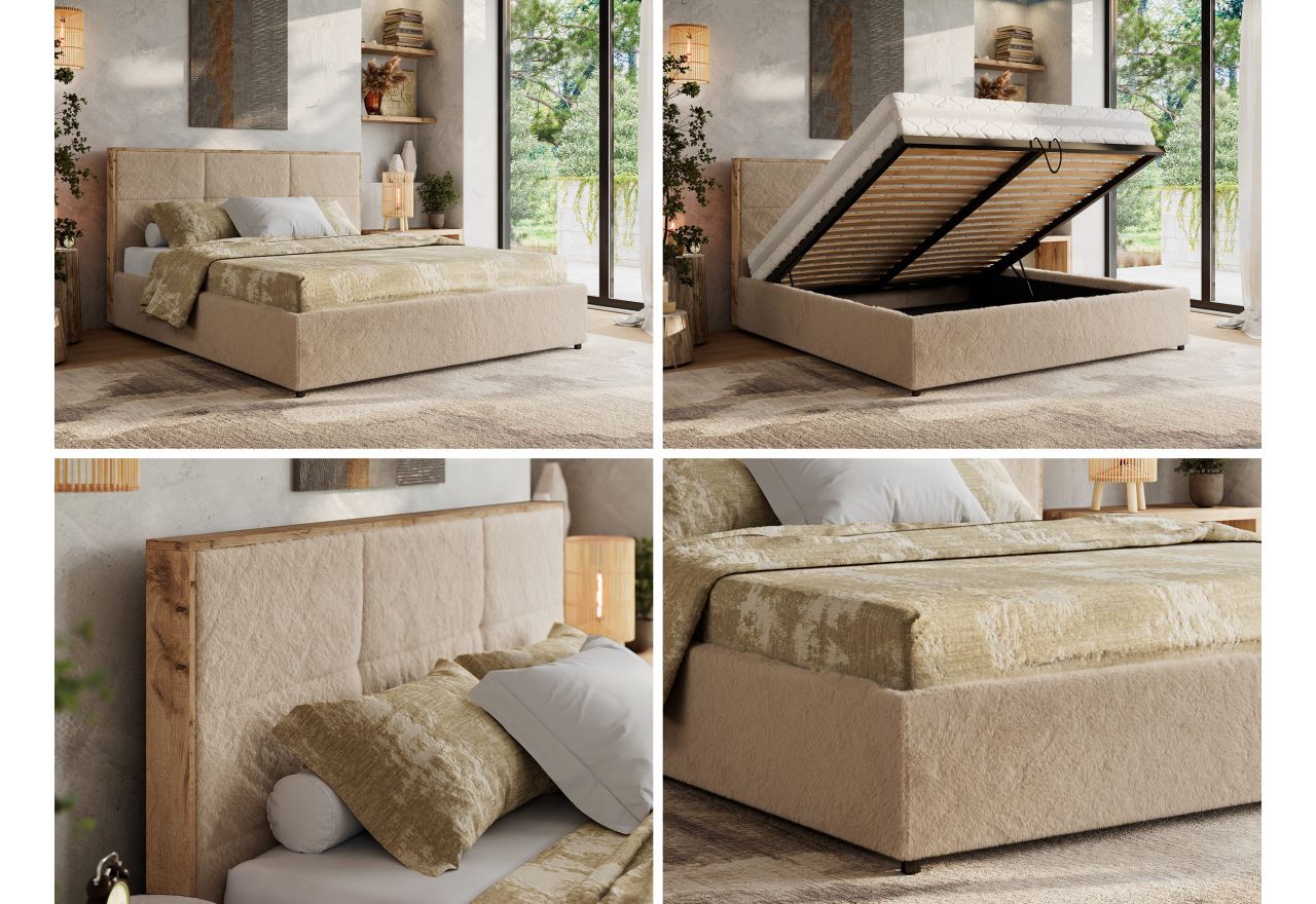 Łóżko tapicerowane LERIO CLASSIC 180x200 - materac pocket - beżowy, plusz