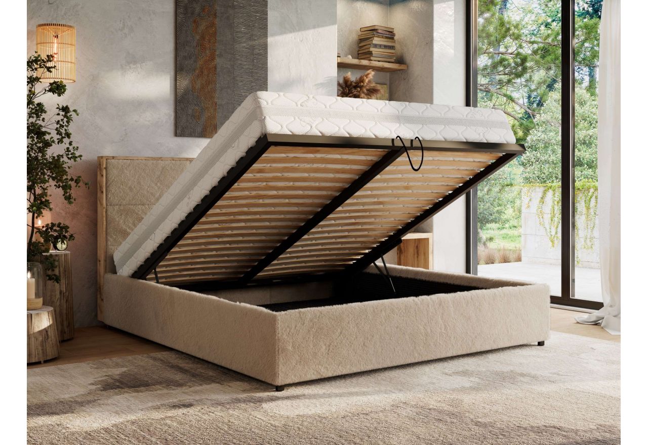 Łóżko tapicerowane LERIO CLASSIC 160x200 - materac multipocket - beżowy, plusz