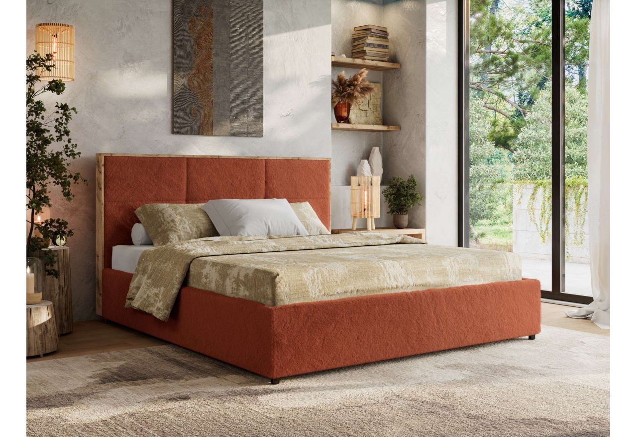 Łóżko tapicerowane LERIO CLASSIC 160x200 - materac pocket - pomarańczowy, plusz