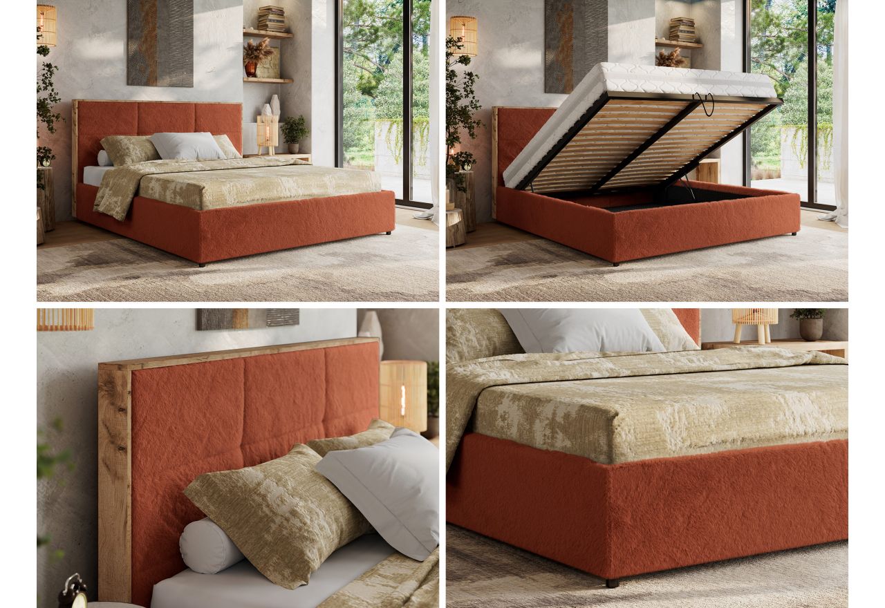 Łóżko tapicerowane LERIO CLASSIC 180x200 - materac multipocket - pomarańczowy, plusz