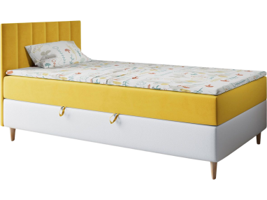 Eleganckie biało-żółte łóżko młodzieżowe, kontynentalne pojedyncze do pokoju - MAJA 1 Magic Velvet 2228 / Madryt 920