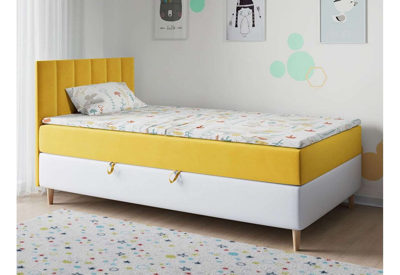 Eleganckie biało-żółte łóżko młodzieżowe, kontynentalne pojedyncze do pokoju - MAJA 1 żółty welwet z białą ecoskórą