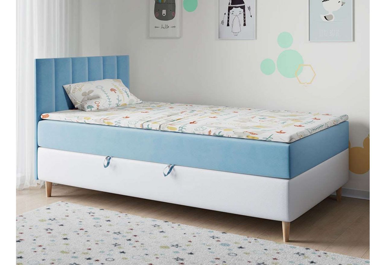 Gustowne, ponadczasowe łóżko z pojemnikiem na pościel do sypialni dziecka - MAJA 1 błękitny welwet z białą ecoskórą