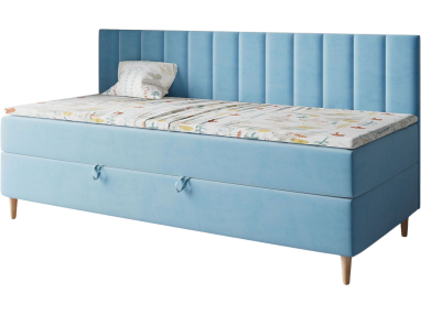 Niebieskie łóżko kontynentalne pojedyncze w welurowej tkaninie i z przestronnym pojemnikiem - MAJA 2 Magic Velvet 2260