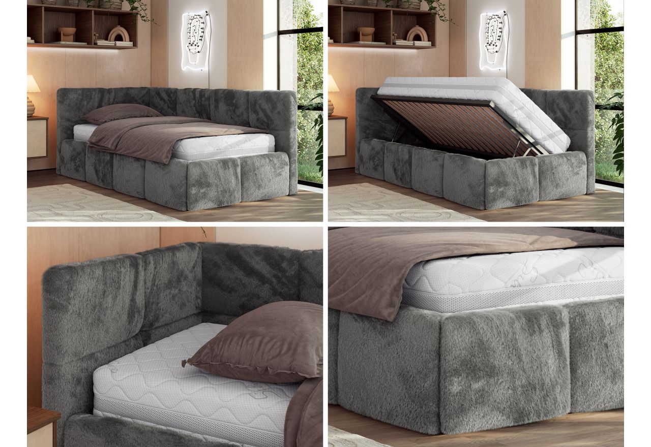 Łóżko młodzieżowe - ARVO 90x200 - materac multipocket - ciemnoszary, plusz - strona lewa