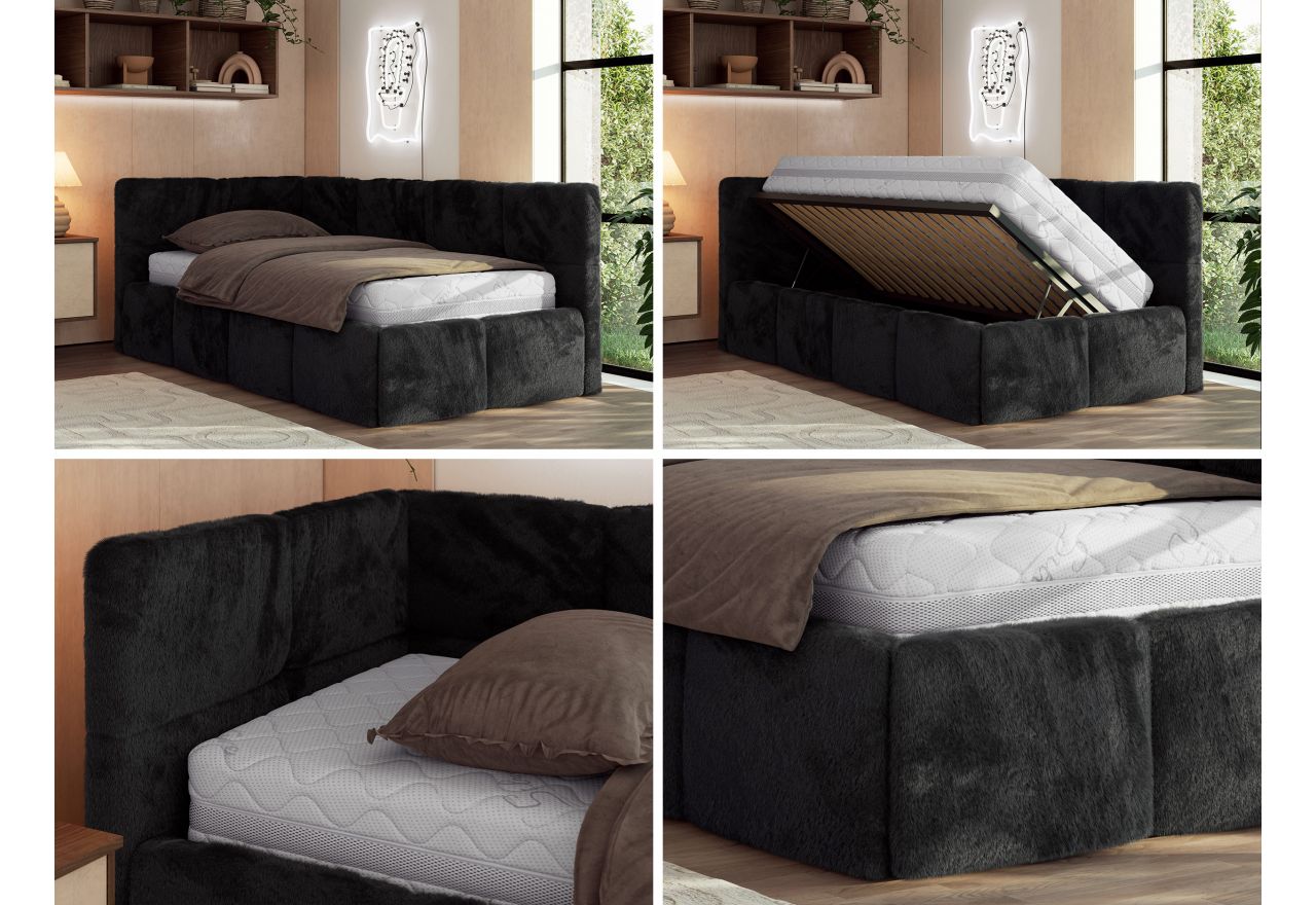 Łóżko młodzieżowe - ARVO 90x200 - materac pocket - czarny, plusz - strona lewa