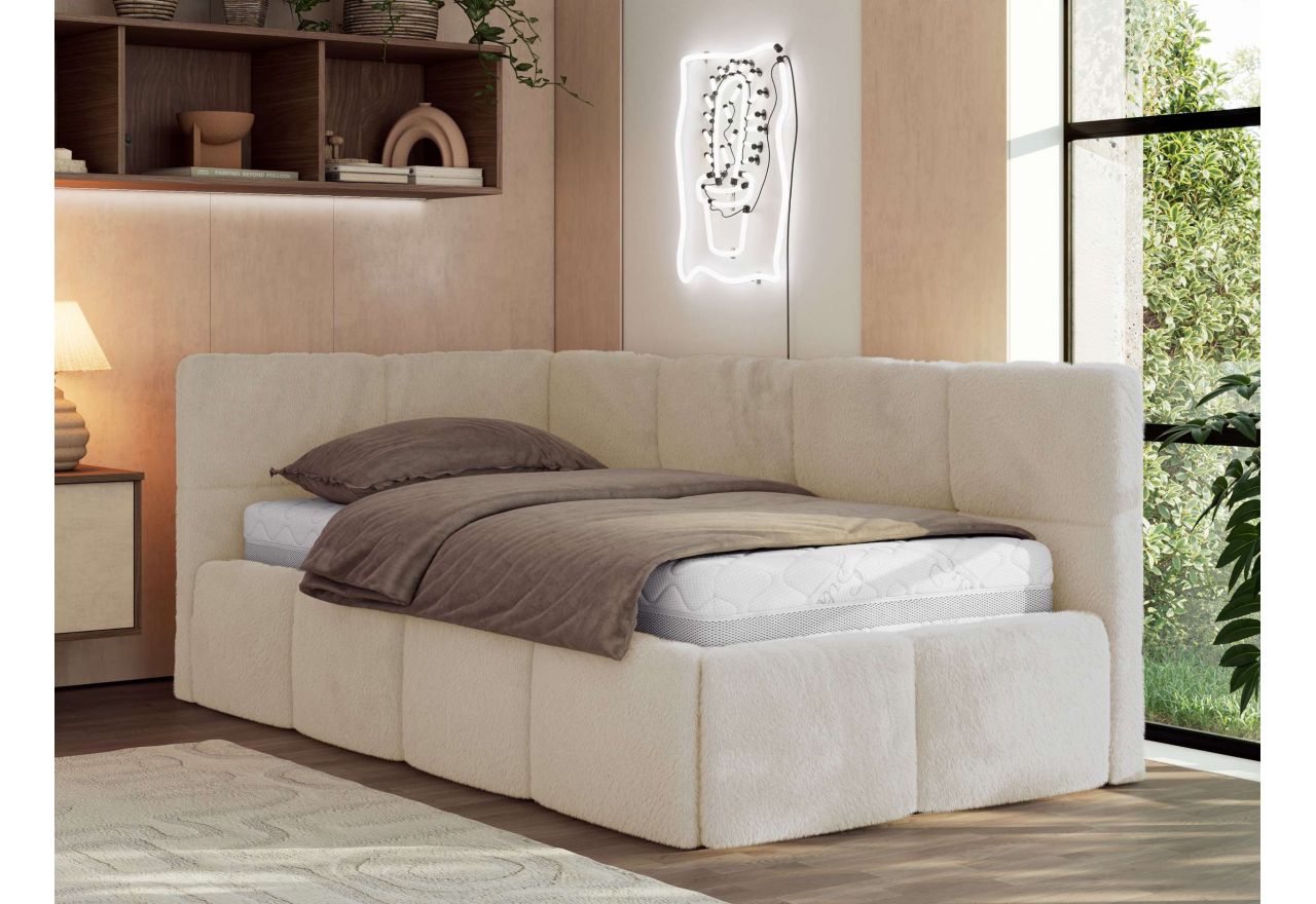 Łóżko młodzieżowe - ARVO 90x200 - materac pocket - kremowy, plusz - strona lewa