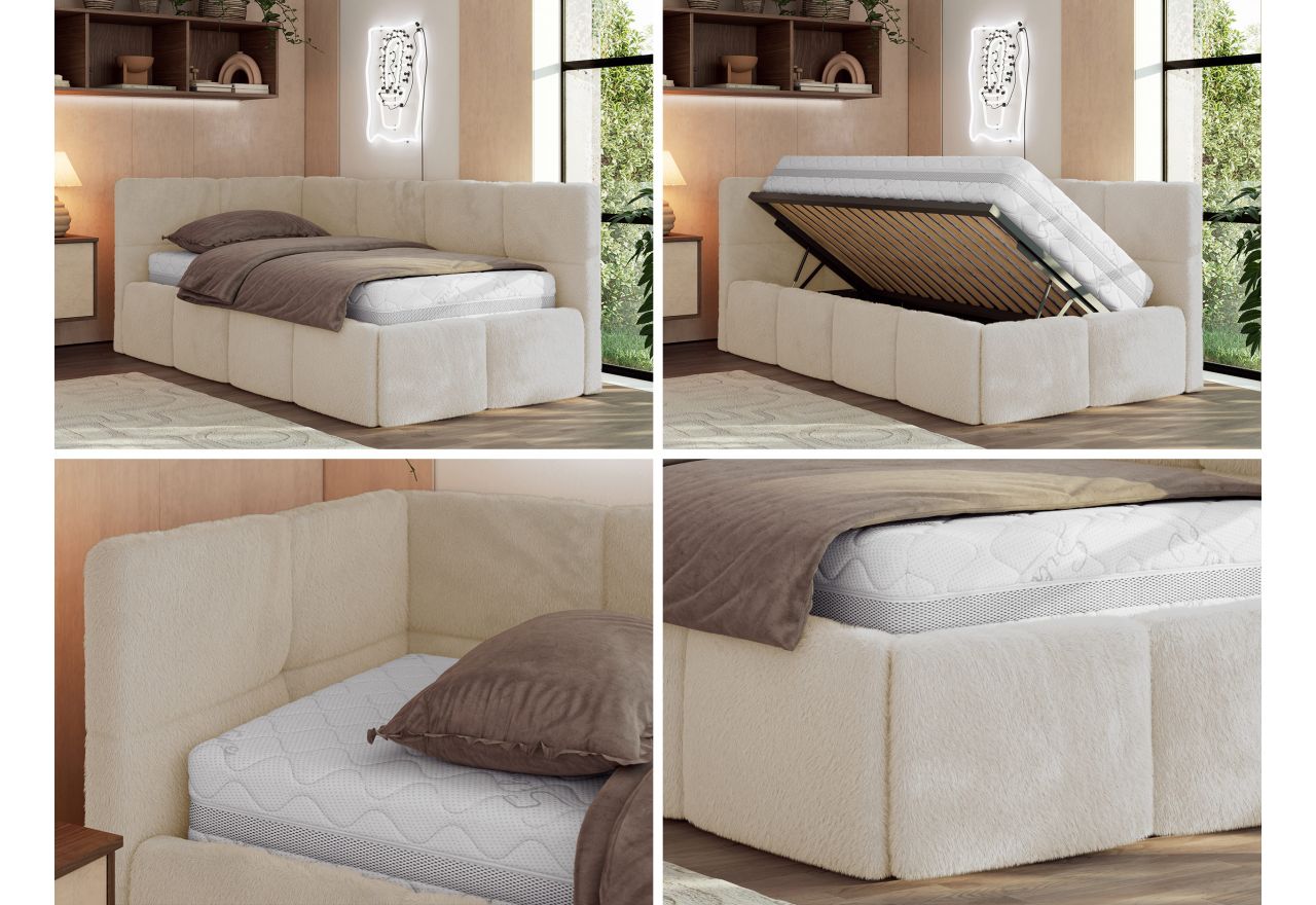 Łóżko młodzieżowe - ARVO 90x200 - materac pocket - kremowy, plusz - strona lewa