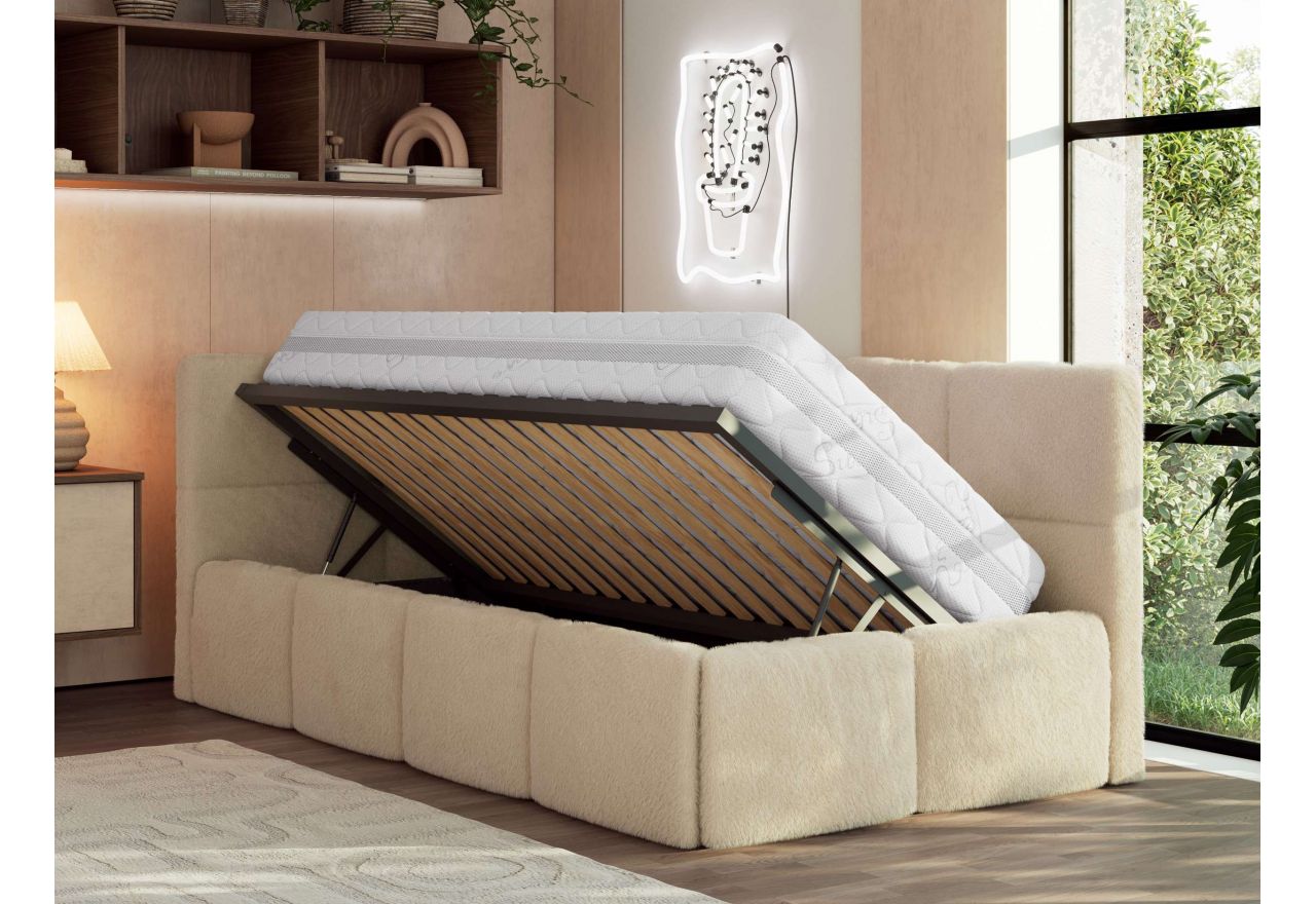 Łóżko młodzieżowe - ARVO 90x200 - materac pocket - beżowy, plusz - strona lewa
