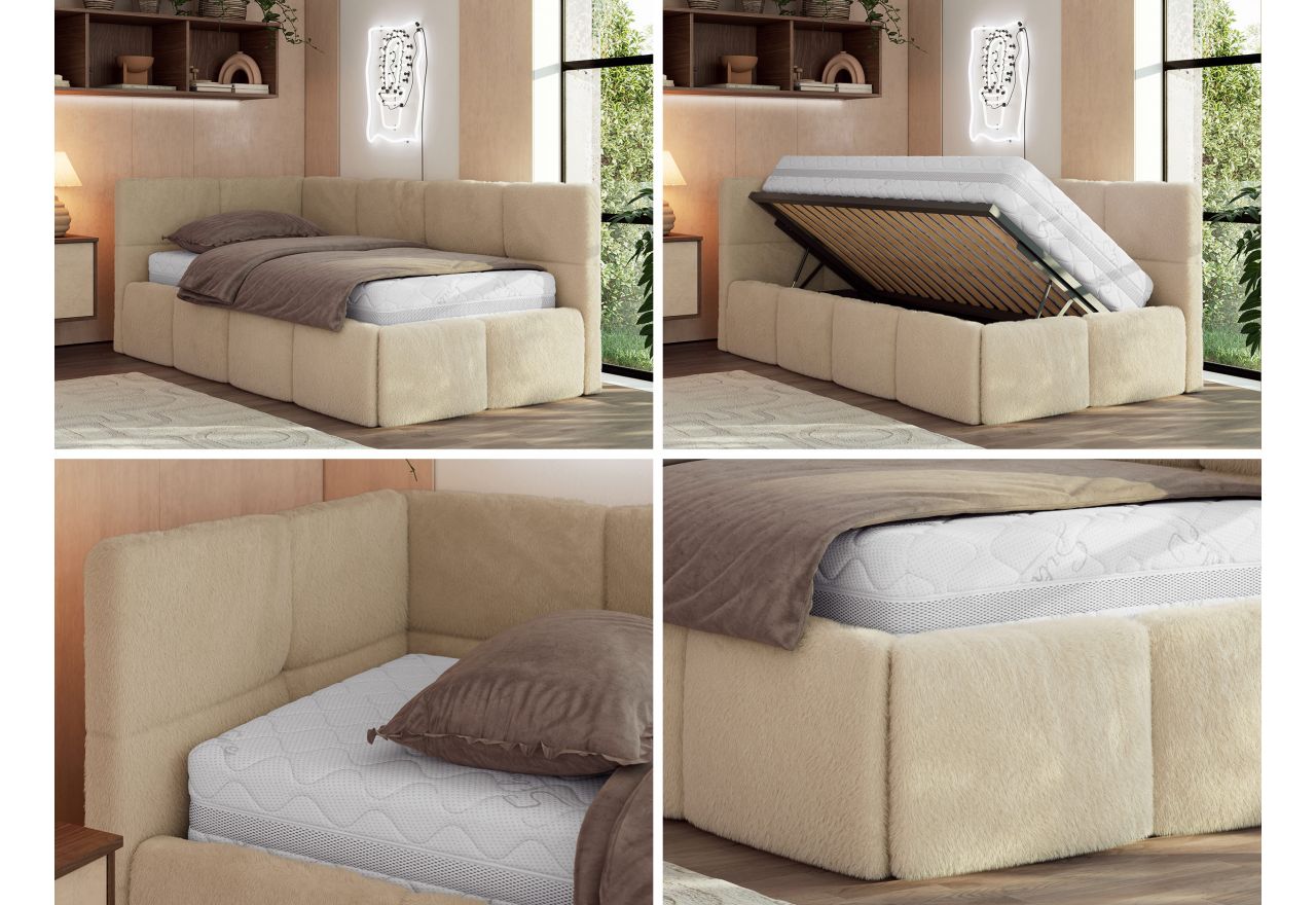 Łóżko młodzieżowe - ARVO 90x200 - materac piankowy - beżowy, plusz - strona lewa