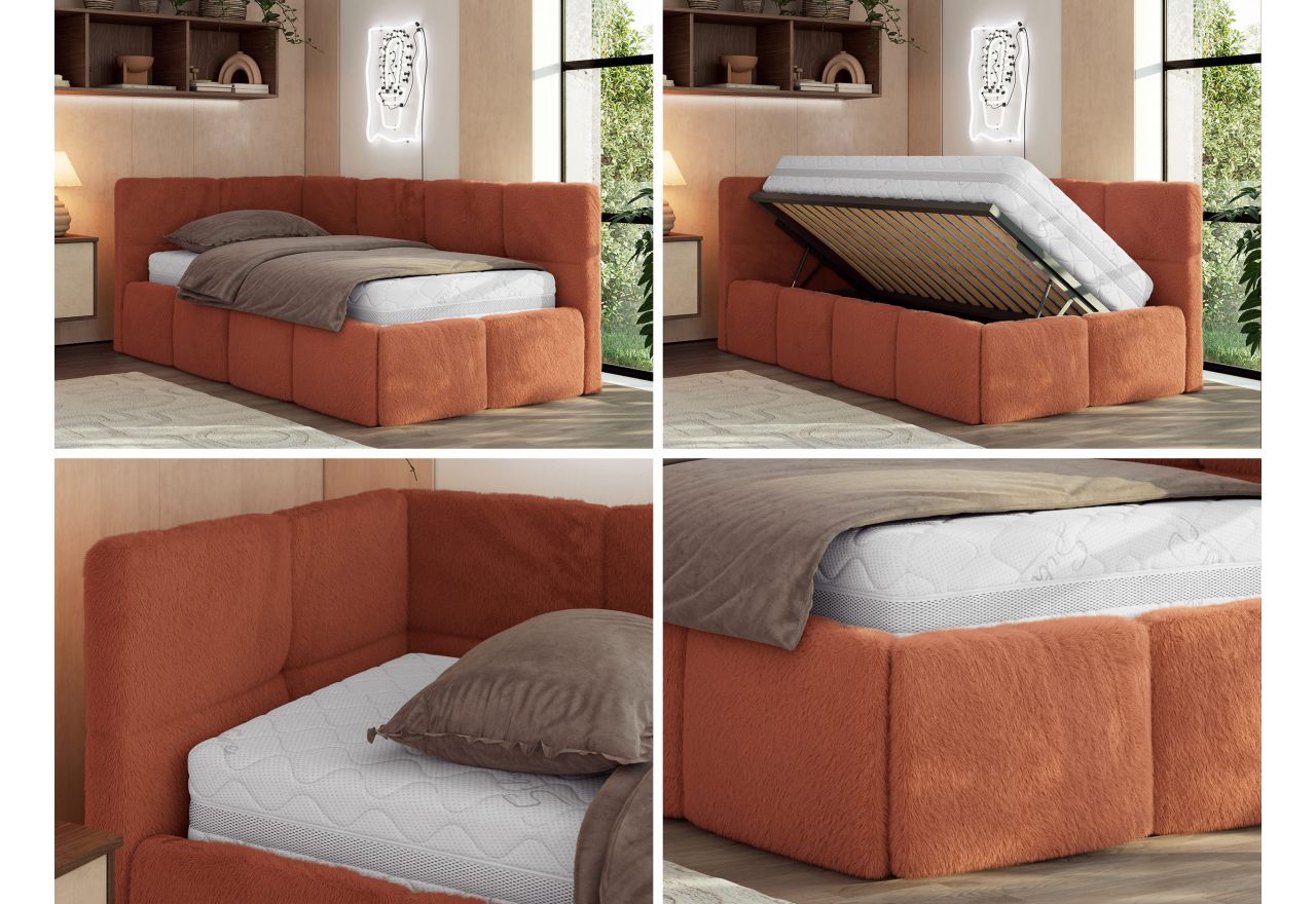 Łóżko młodzieżowe - ARVO 90x200 - materac multipocket - pomarańczowy, plusz - strona lewa