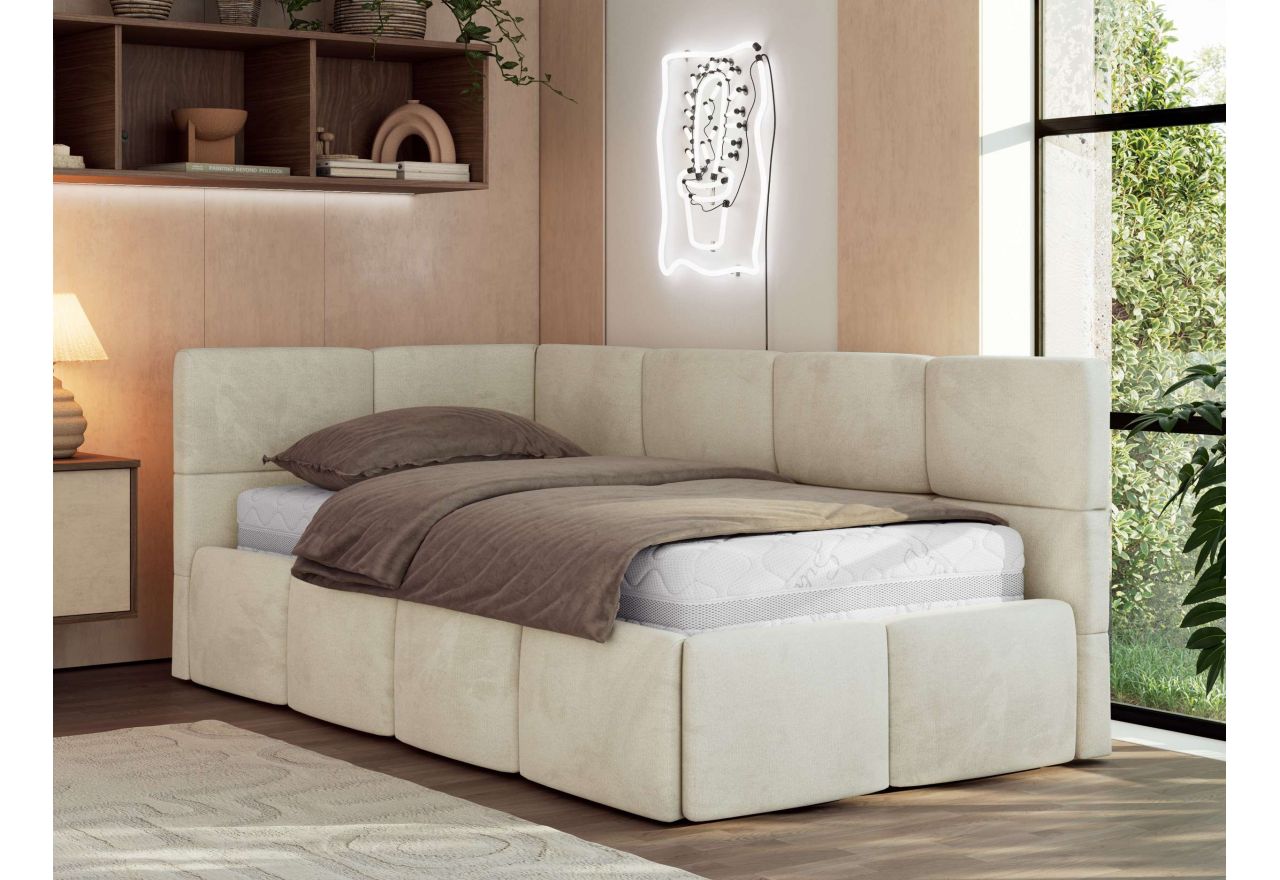 Łóżko młodzieżowe - ARVO 90x200 - materac multipocket - beżowy, welwet - strona lewa