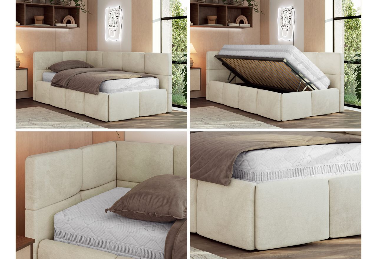 Łóżko młodzieżowe - ARVO 90x200 - materac piankowy - beżowy, welwet - strona lewa