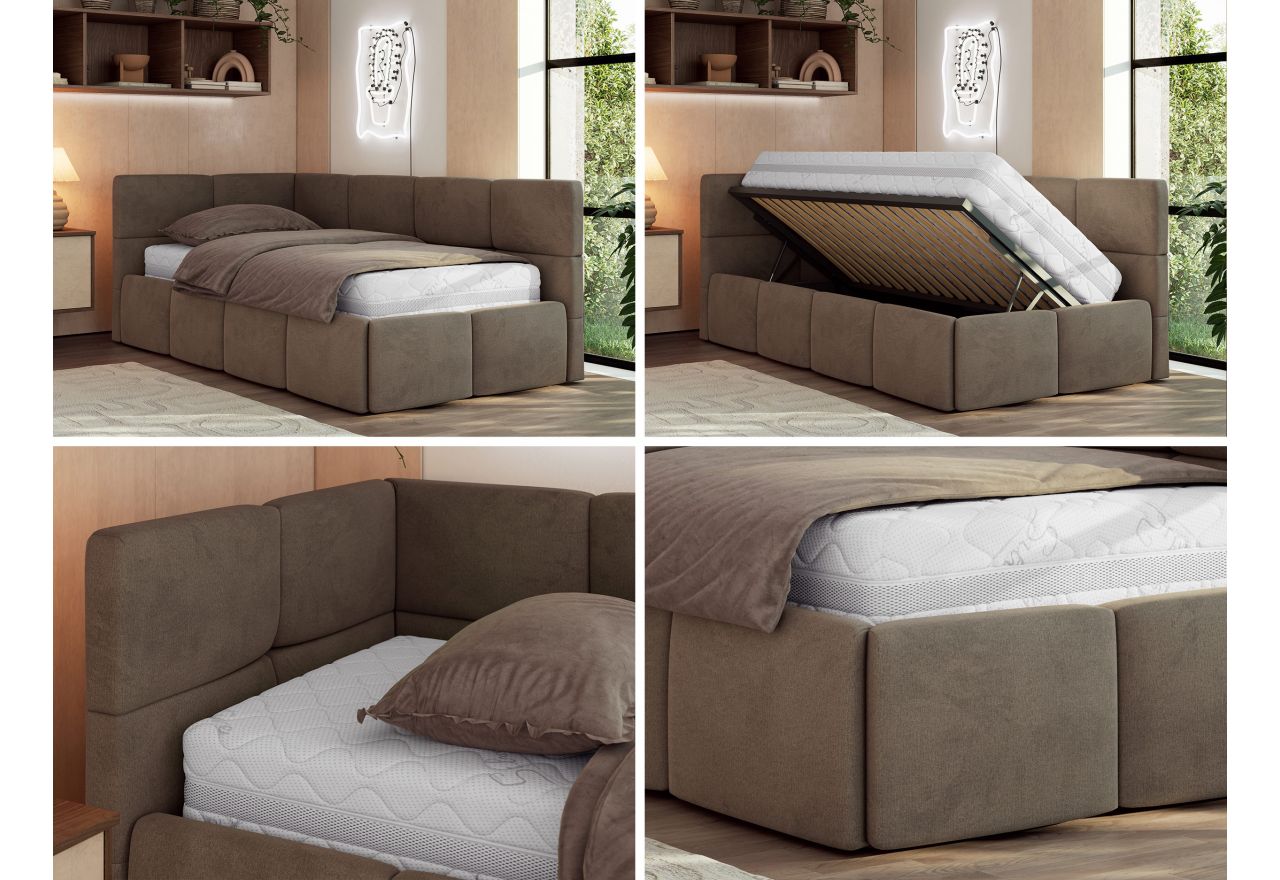 Łóżko młodzieżowe - ARVO 90x200 - materac pocket - brązowy, welwet - strona lewa