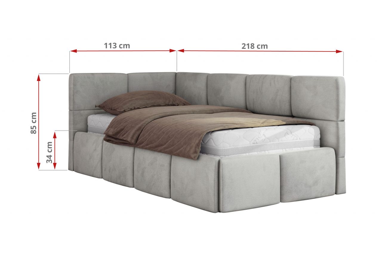 Łóżko młodzieżowe - ARVO 90x200 - materac multipocket - jasnoszary, welwet - strona lewa