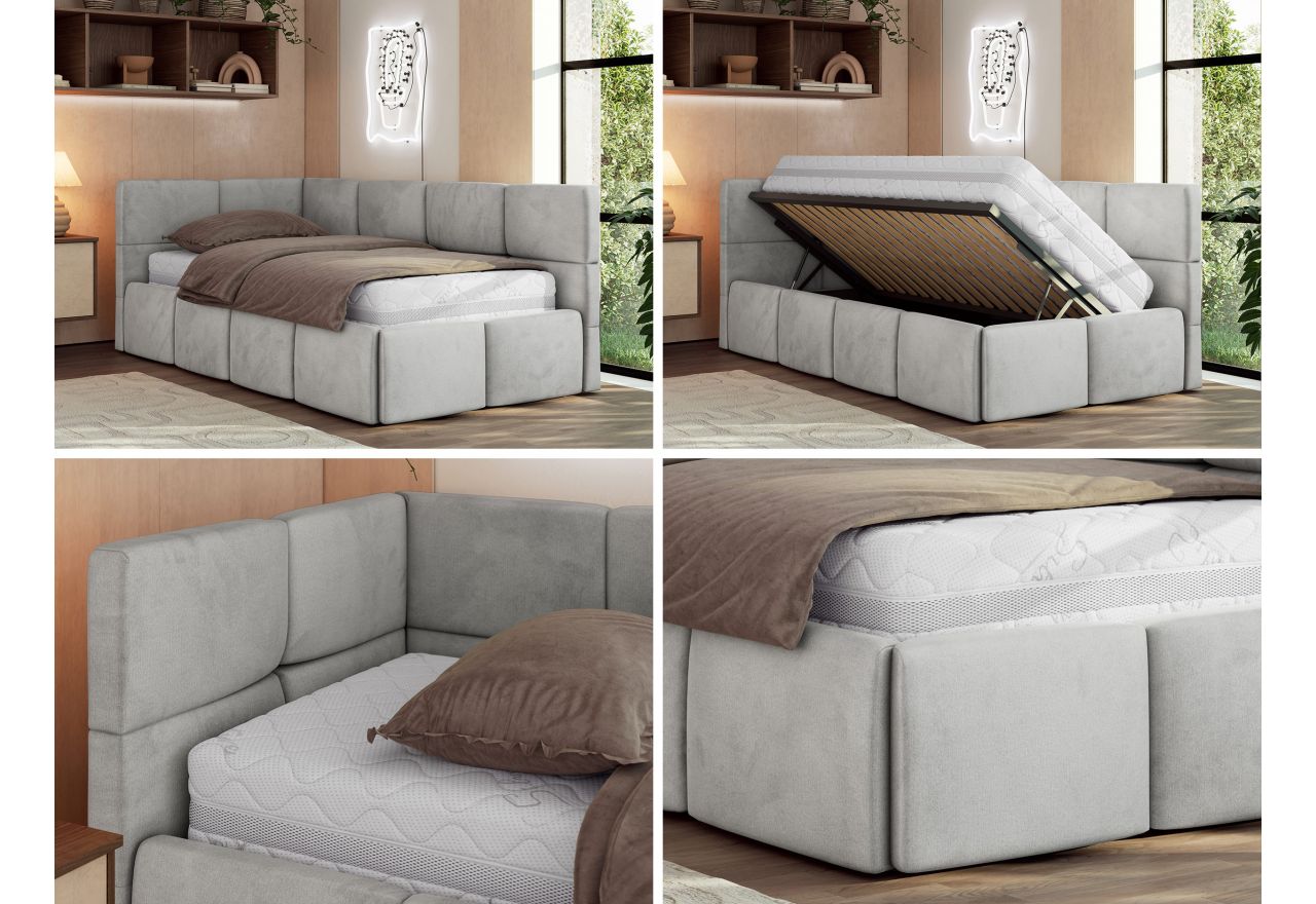 Łóżko młodzieżowe - ARVO 90x200 - materac piankowy - jasnoszary, welwet - strona lewa